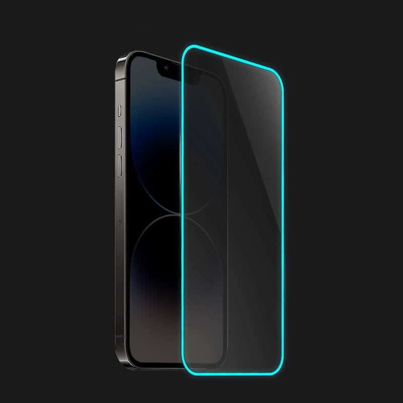 Folie sticlă mat anti-amprentă iPhone 15, aplicată pe dispozitiv, vedere din față