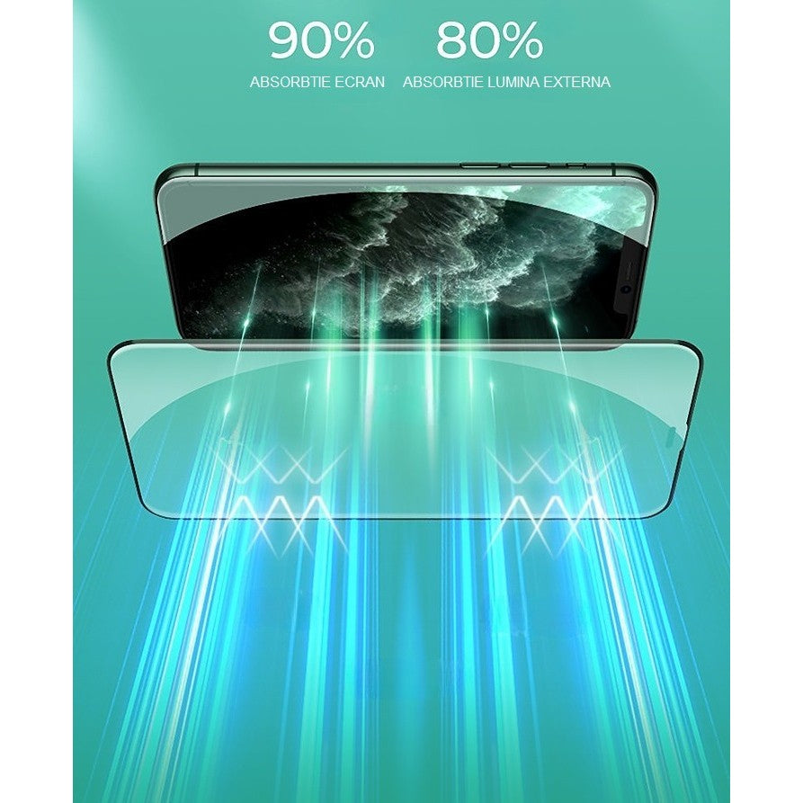 Folie de Sticla Securizata pentru Apple iPhone 15 Pro, Vivimall, Lumina Verde Anti-Blue Ray, Auto-Aplicare, Protectie Completa 9D, Verde - vivimall.ro