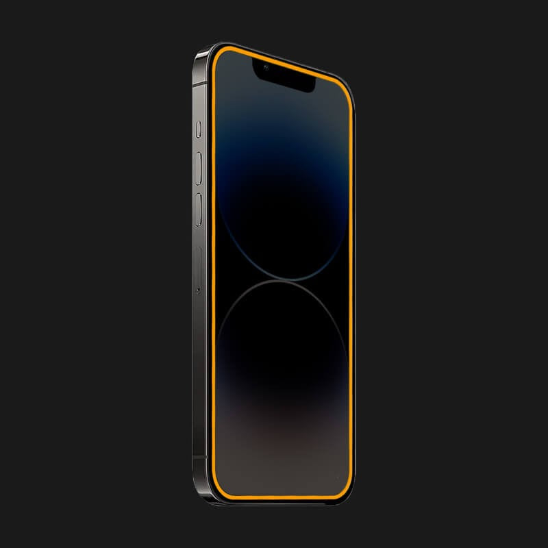 Folie iPhone 15 Pro Max cu margine silicon neon portocaliu, efect fosforescent strălucire în întuneric