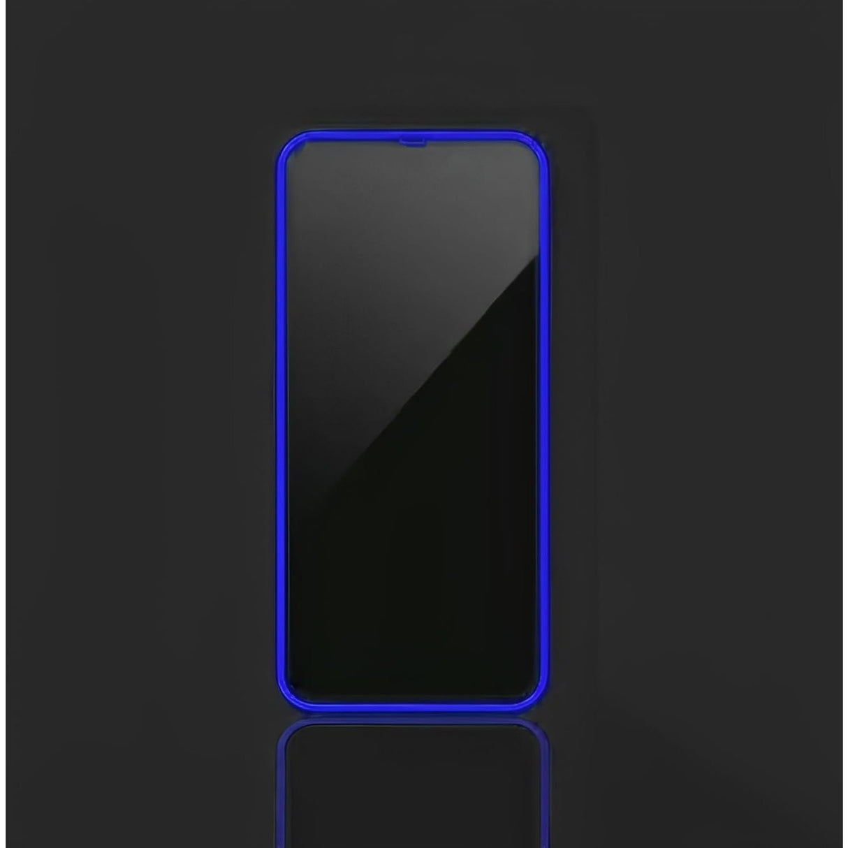 Folie iPhone 15 Pro Max cu margine fosforescentă neon silicon albastru, aplicată pe ecran