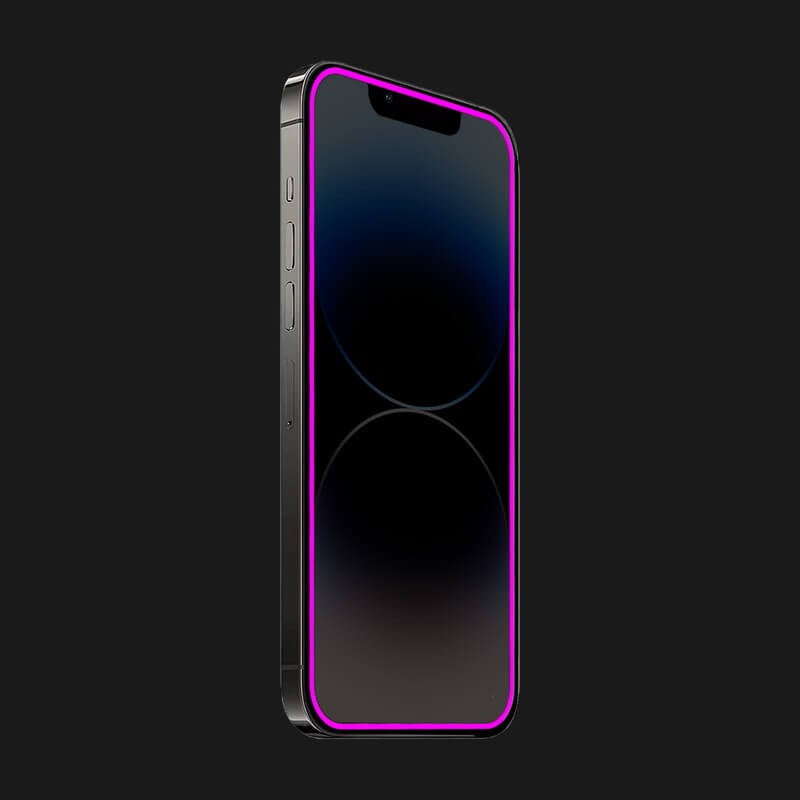 Detaliu margine fosforescenta neon silicon violet a foliei Vivimall Luminous pentru iPhone 15 Pro Max