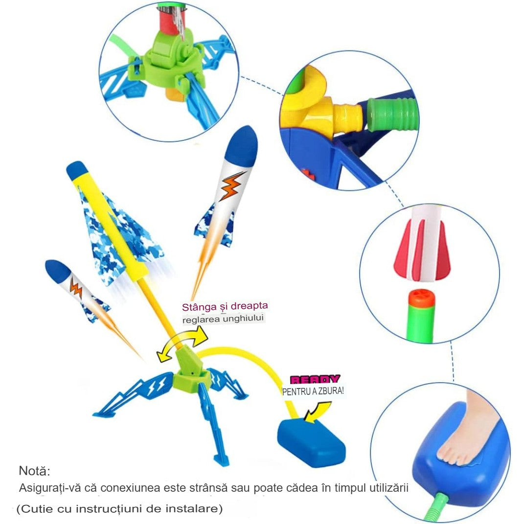 Jucarie pentru Copii, Vivimall, Lansator de Rachete cu Piciorul, un Singur Lansator, 4 Rachete Fara Lumini, 40.5 cm Inaltime, Multicolor - vivimall.ro
