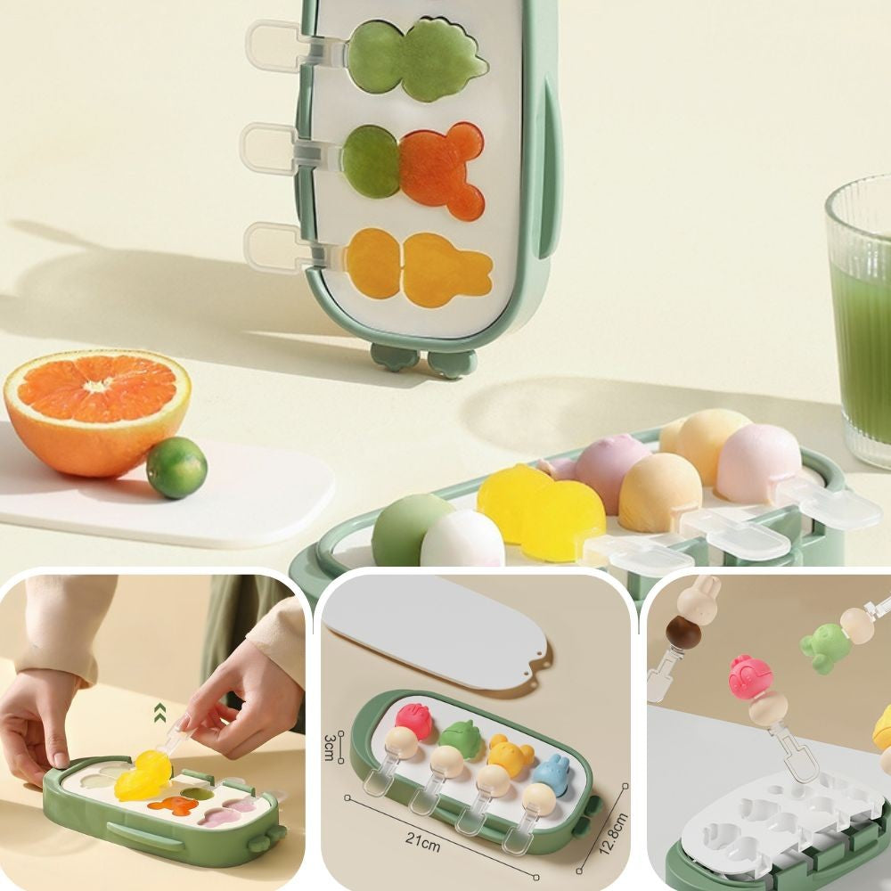 Forma pentru inghetata Vivimall, 4 compartimente, forme cu animalute, materialsilicon si ABS, 21 x 12.8 x 3cm, verde - vivimall.ro