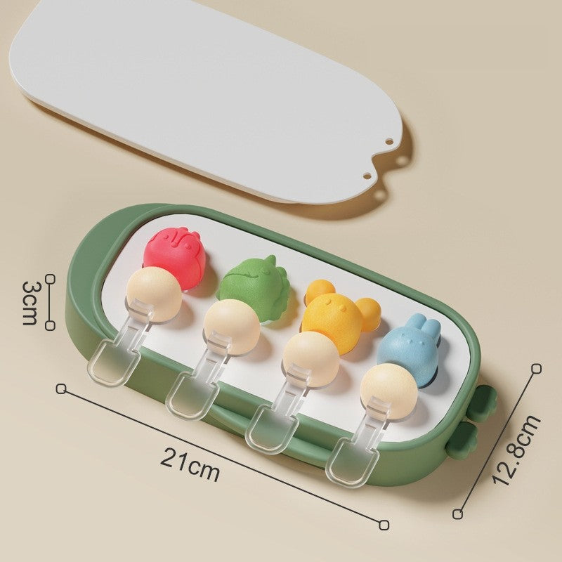 Forma pentru inghetata Vivimall, 4 compartimente, forme cu animalute, materialsilicon si ABS, 21 x 12.8 x 3cm, verde - vivimall.ro