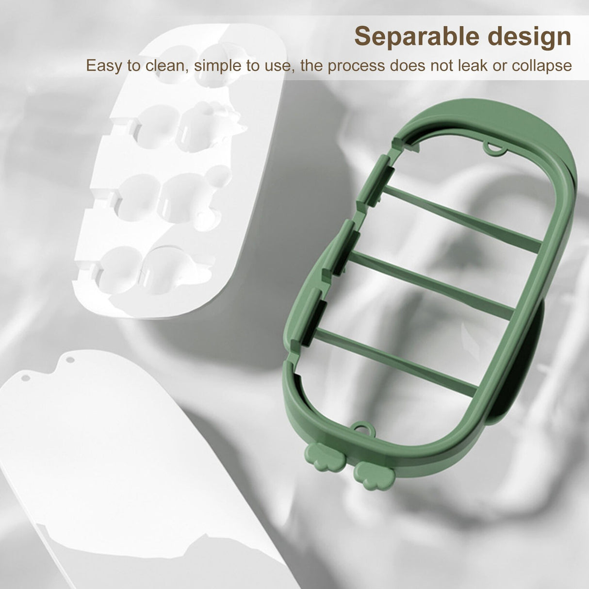 Forma pentru inghetata Vivimall, 4 compartimente, forme cu animalute, materialsilicon si ABS, 21 x 12.8 x 3cm, verde - vivimall.ro