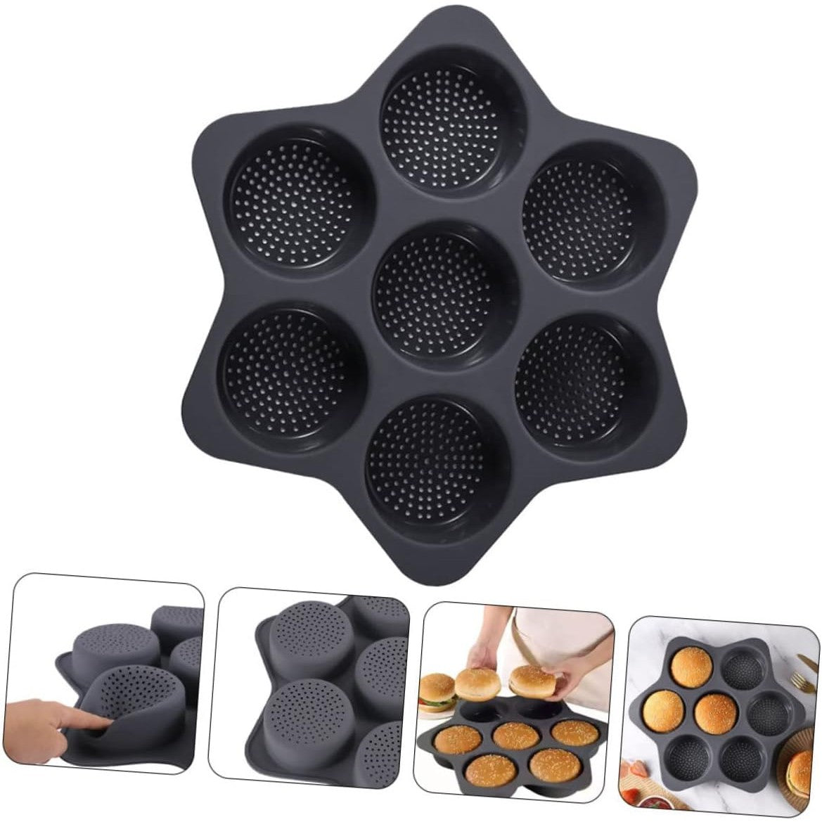 Forme de Silicon pentru Copt, Vivimall, 7 Forme Rotiunde, pentru Burgeri si Prajituri, 38.5 x 4 cm, Negru - vivimall.ro