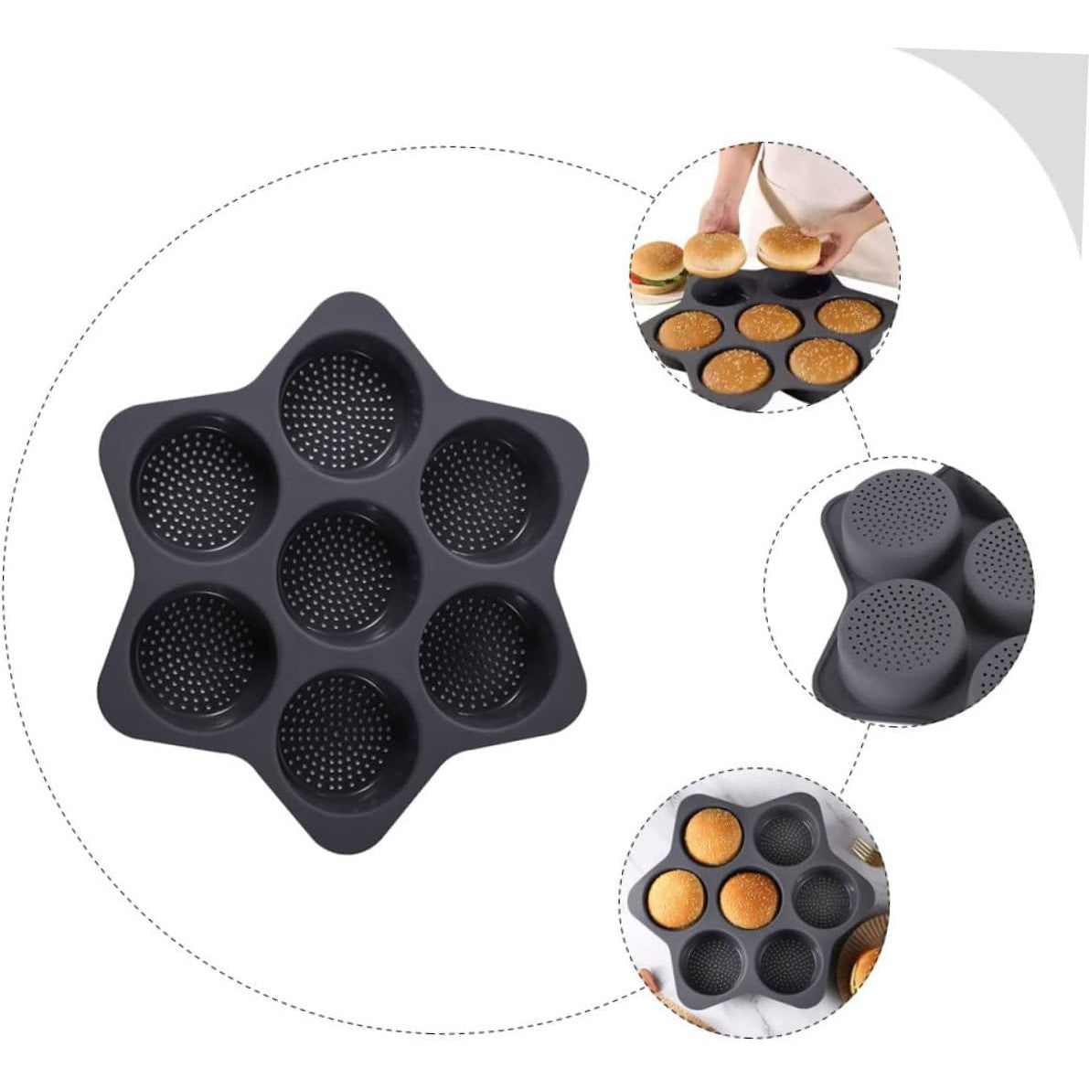 Forme de Silicon pentru Copt, Vivimall, 7 Forme Rotiunde, pentru Burgeri si Prajituri, 38.5 x 4 cm, Negru - vivimall.ro