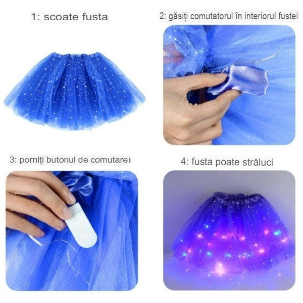 Fusta LED pentru Copii, Flippy, Tutu de Balet pentru Fetite cu Luminite Multicolore Incorporate, Model Stelute, 30 cm Lungime, Albastru