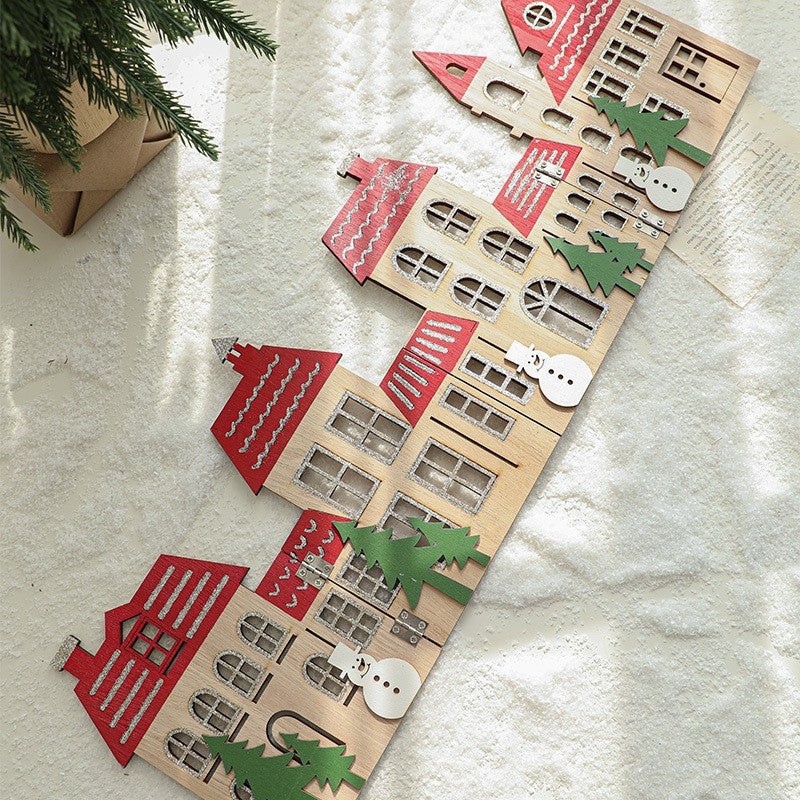 Decoratiune de Craciun, Flippy, Model Orasel de Craciun pentru Brad, in stil European, Pliabil din Lemn, 57 x 20 cm, Maro Natur Rosu - vivimall.ro