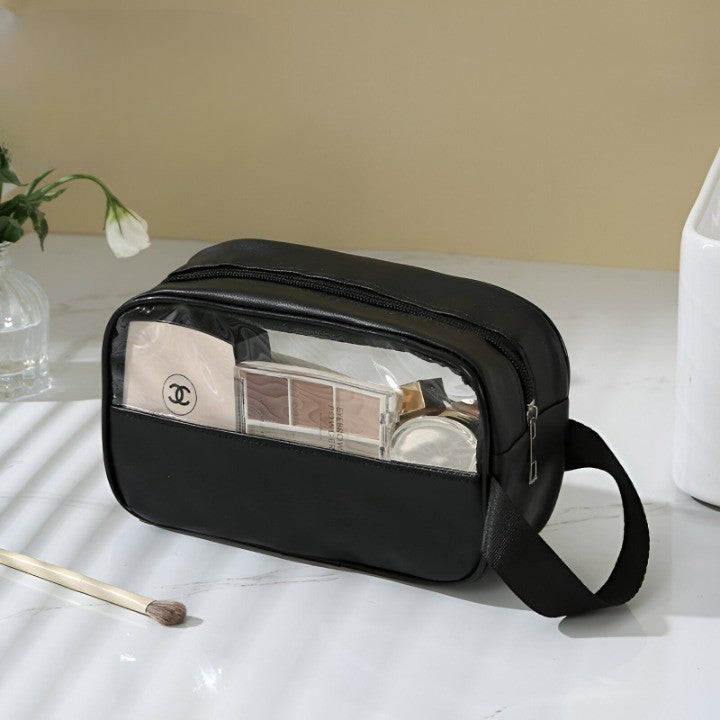 Geanta Cosmetice, Vivimall, pentru Voiaj sau Organizare, Material PVC- Textil, Impermeabila, Portabila,22 x 12 x 8 cm, Negru - vivimall.ro