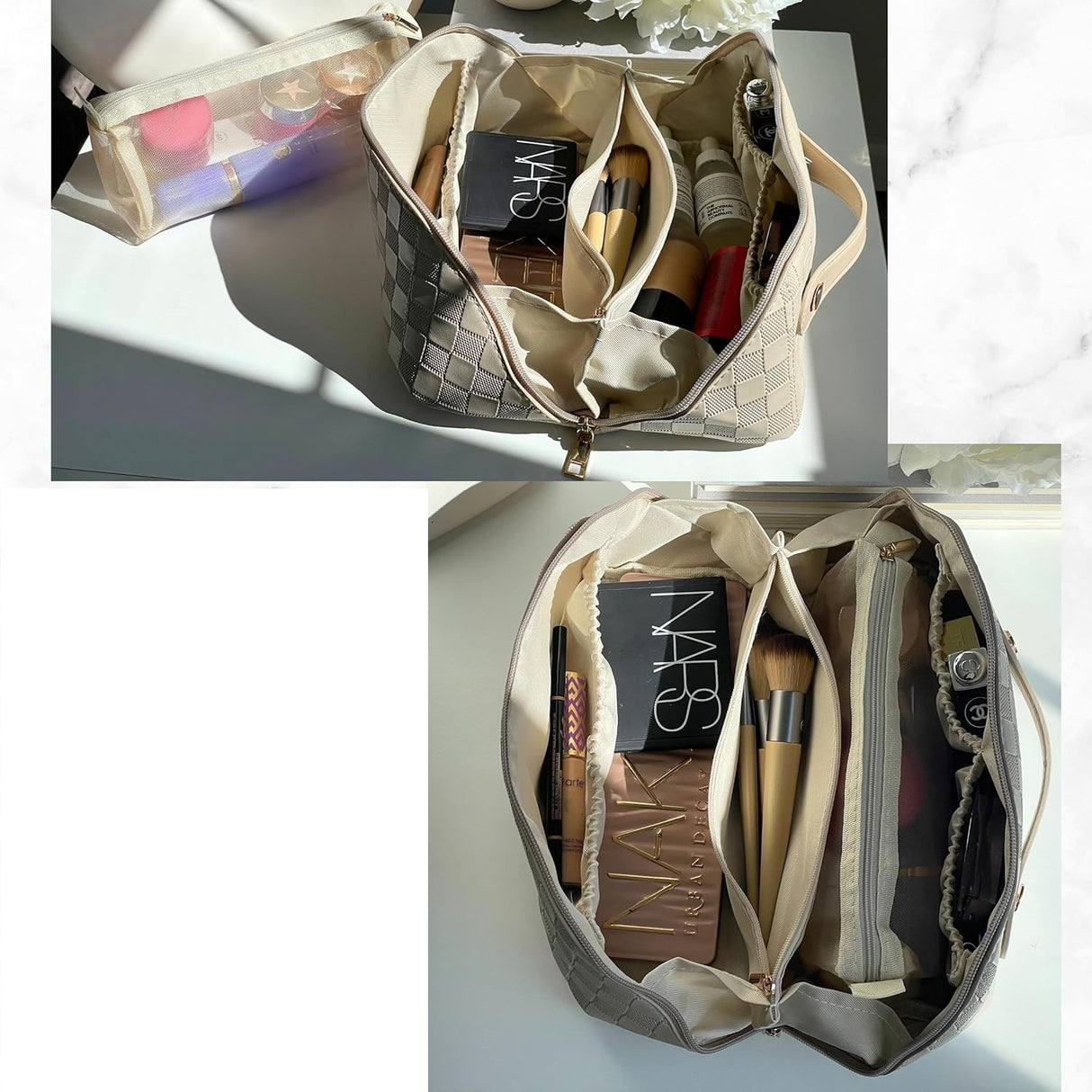 Geantă cosmetice piele PU deschisă, compartimente vizibile, model carouri alb