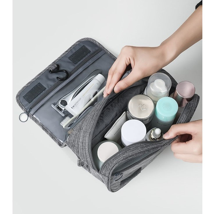 Geanta cosmetice voiaj, Vivimall, material panza, impermeabil, 3 compartimente, cu agatatoare, Gri, 47 x 28 x 20 cm - vivimall.ro