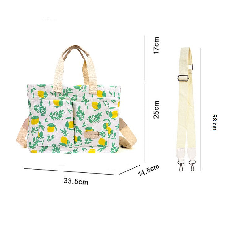 Geanta de Mana/Umar, Multifunctionala, Vivimall, Inchidere cu Capsa, Imprimeu Lamai, Material Textil, 33.5 x 25 x 14.5 cm, Alb/Galben - vivimall.ro