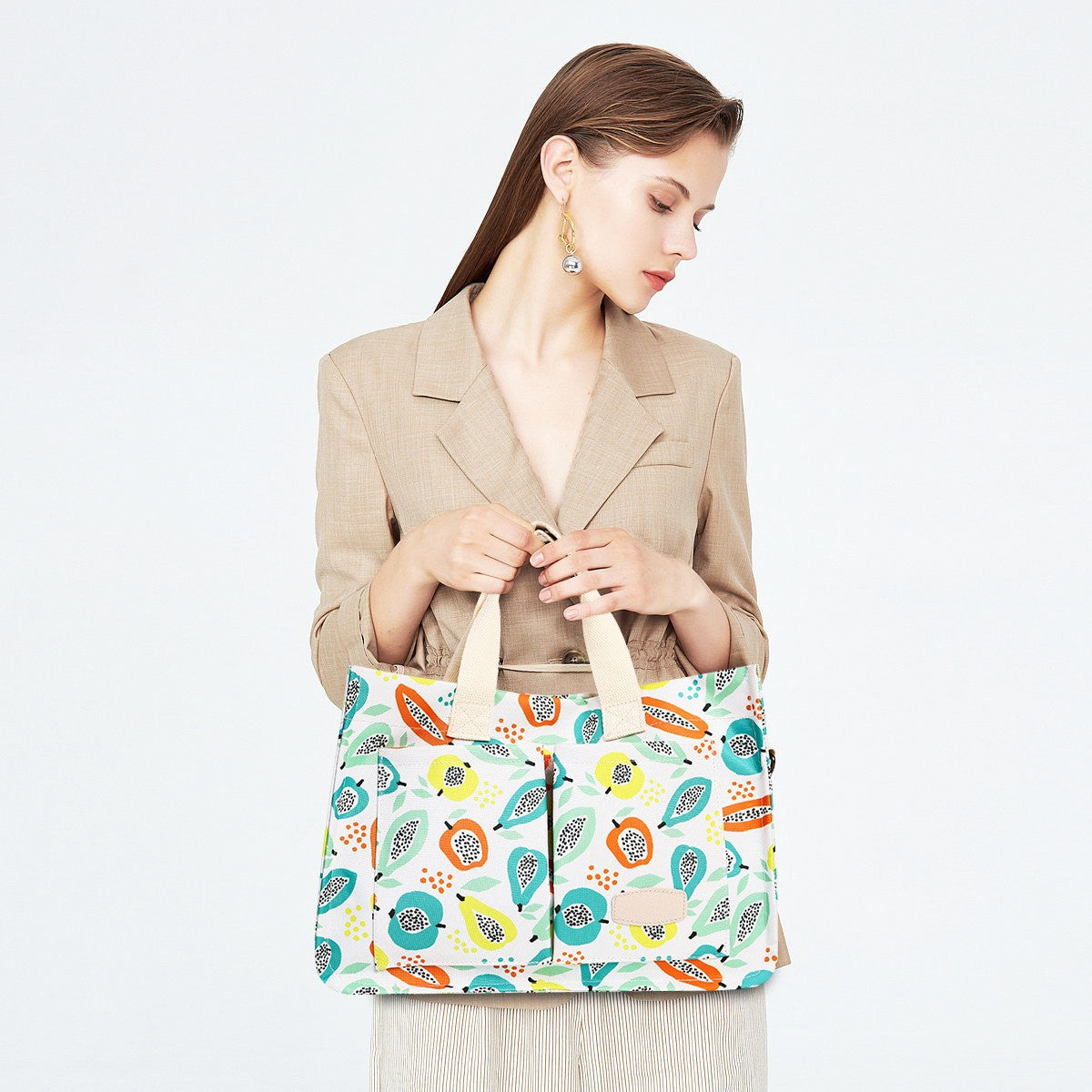 Geanta de Mana/Umar, Multifunctionala, Vivimall, Inchidere cu Capsa, Imprimeu Fructe, Material Textil, 33.5 x 25 x 14.5 cm, Multicolor - vivimall.ro