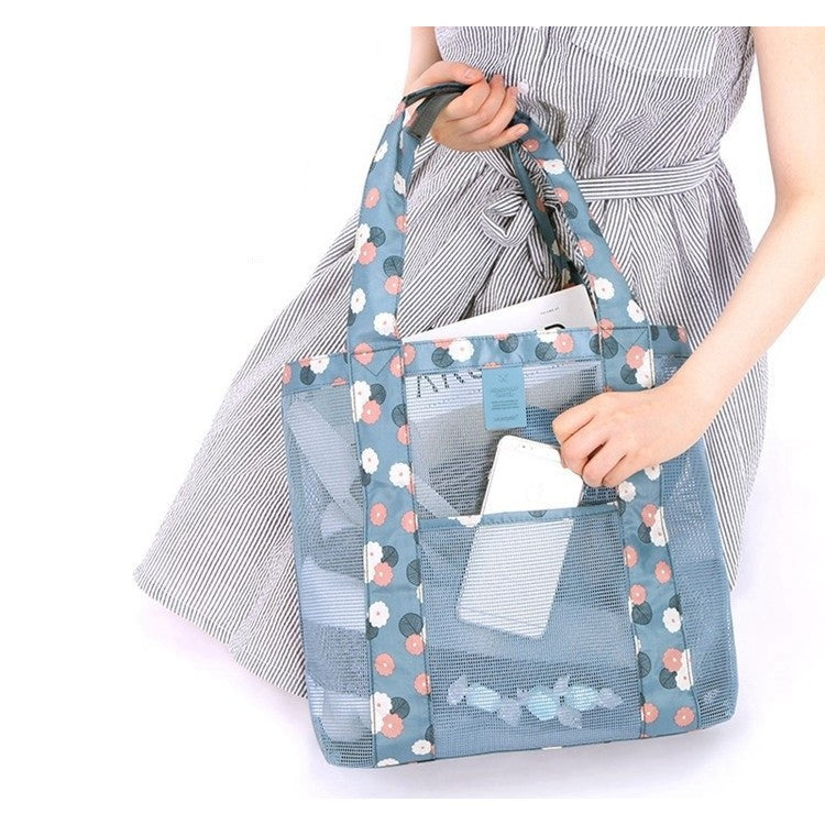 Geanta de Plaja, Flippy, din Plasa Transparenta, Imprimeu Floral, 43 x 10 x 33 cm, Model pentru Umar, Lungime Inferioara 33 cm, Albastru