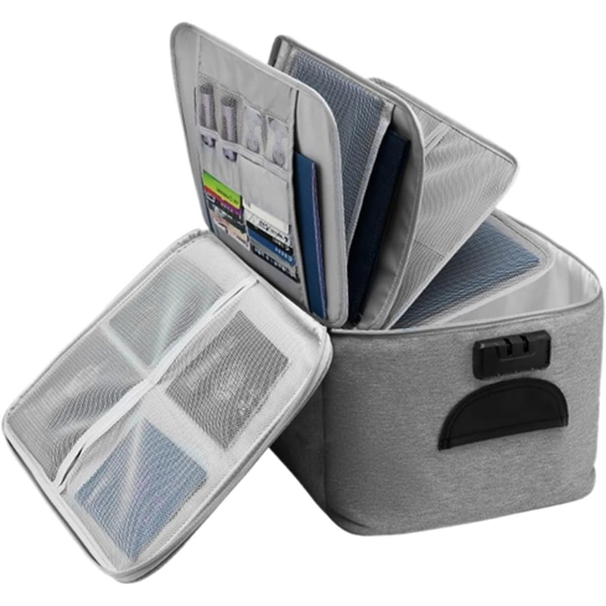 Geanta Vivimall pentru Depozitare Acte si Documente, Facturi, Carduri, cu Cod de Securitate, 5 Compartimente, Impermeabila, 37 x 20 x 27 cm, Gri - vivimall.ro