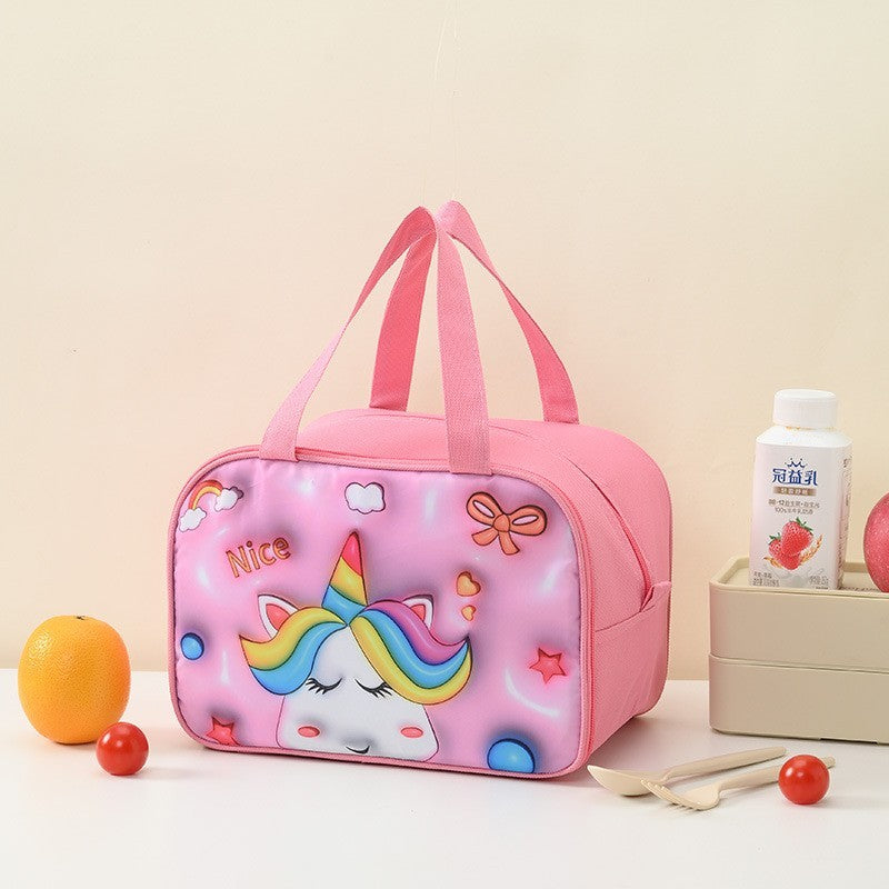 Geantă Frigorifică, Vivimall, cu Desene Animat 3D, Portabilă pentru Copii, de Prânz, din Pânză Oxford, 27.5x18x20 cm, Model Unicorn, Roz - vivimall.ro