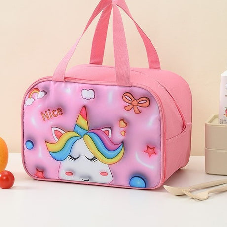 Geanta Frigorifica, Cu Desene Animat 3D, Portabila Pentru Copii, De Pranz, Din Panza Oxford, 27.5X18X20 Cm, Model Unicorn, Roz - vivimall.ro