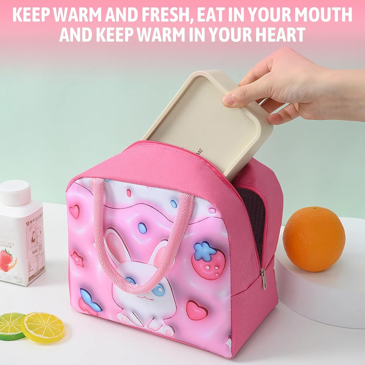 Geantă Frigorifică, Vivimall, cu Desene Animate 3D, Portabilă pentru Copii, de Prânz, din Pânză Oxford, 23x13x19 cm, Model Iepuras, Roz - vivimall.ro