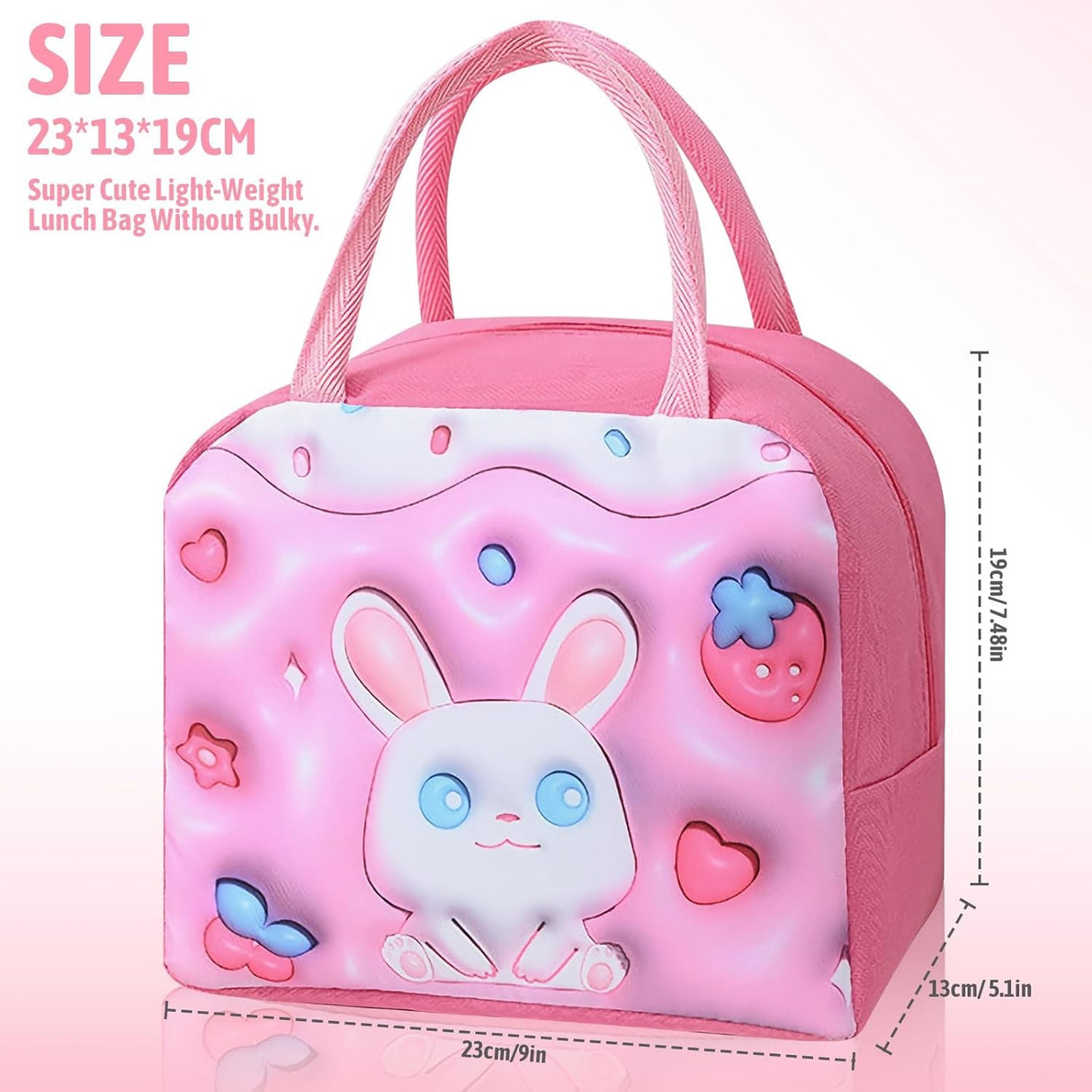 Geantă Frigorifică, Vivimall, cu Desene Animate 3D, Portabilă pentru Copii, de Prânz, din Pânză Oxford, 23x13x19 cm, Model Iepuras, Roz - vivimall.ro