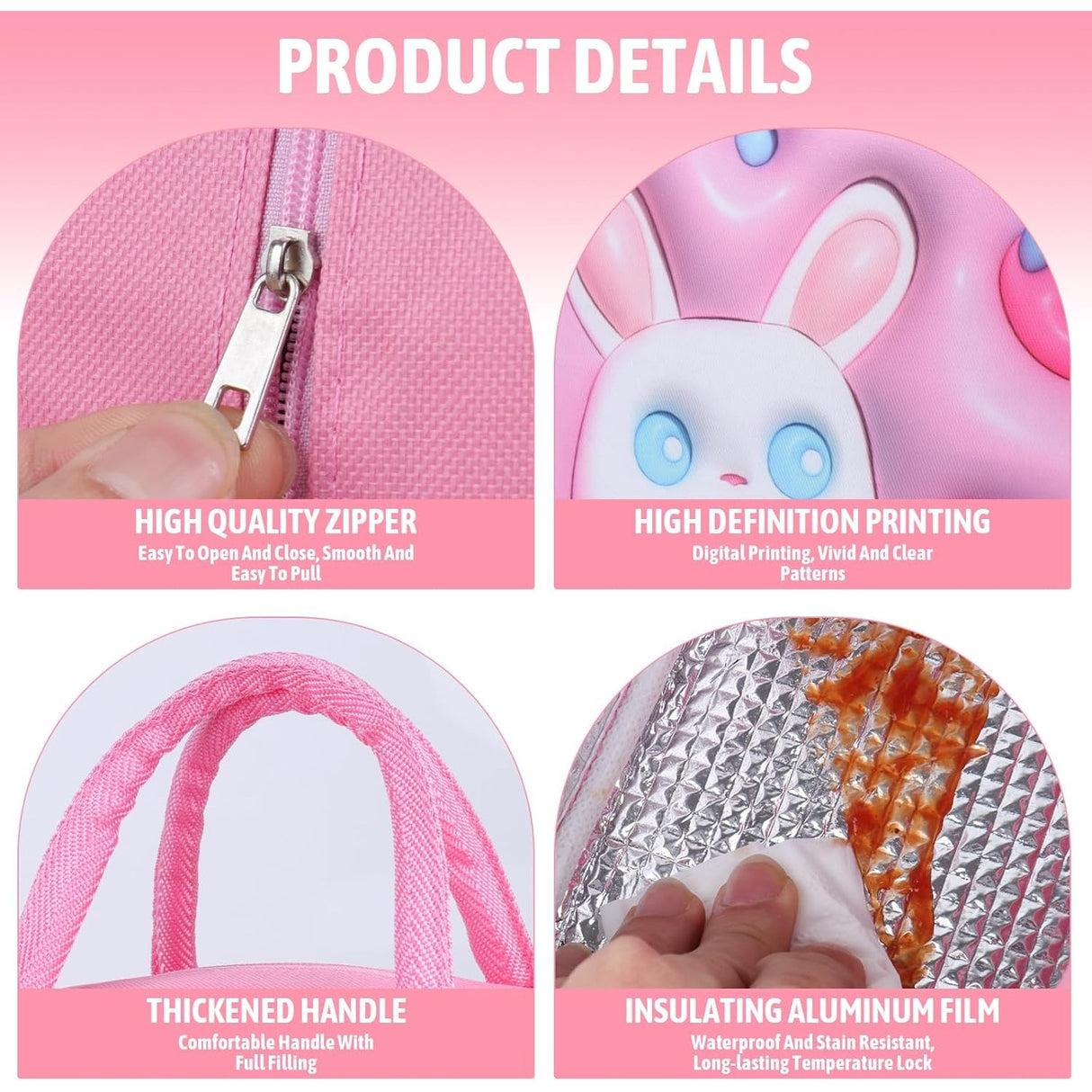 Geanta Frigorifica, Cu Desene Animate 3D, Portabila Pentru Copii, De Pranz, Din Panza Oxford, 23X13X19 Cm, Model Iepuras, Roz - vivimall.ro