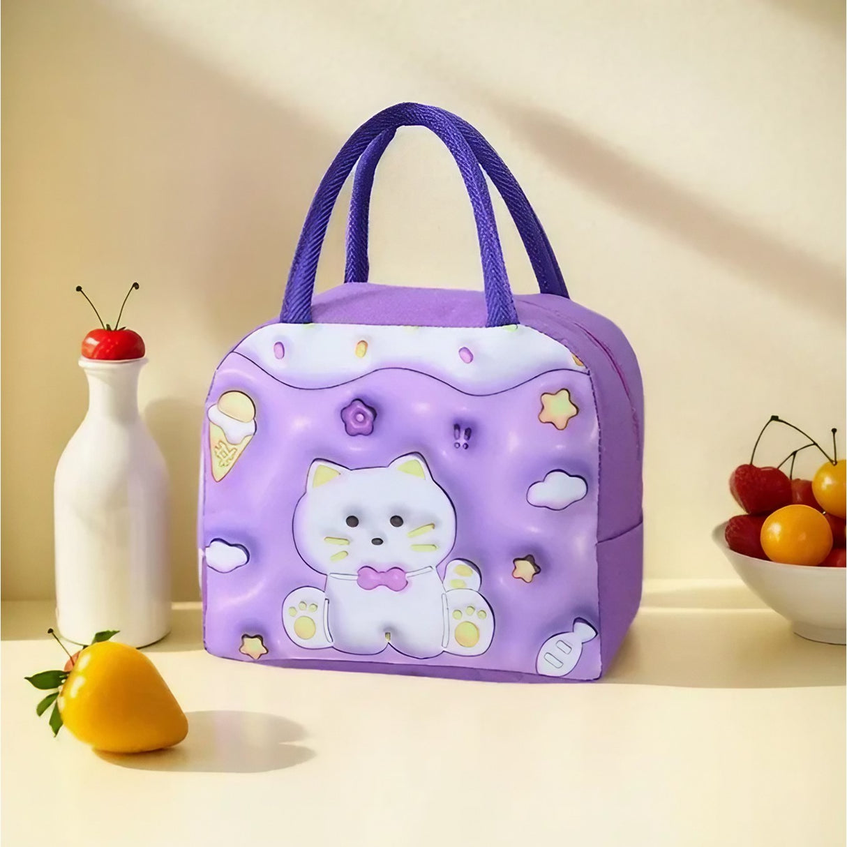 Geantă Frigorifică, Flippy, cu Desene Animate 3D, Portabilă pentru Copii, de Prânz, din Pânză Oxford, 23x13x19 cm, Model Pisicuta, Mov