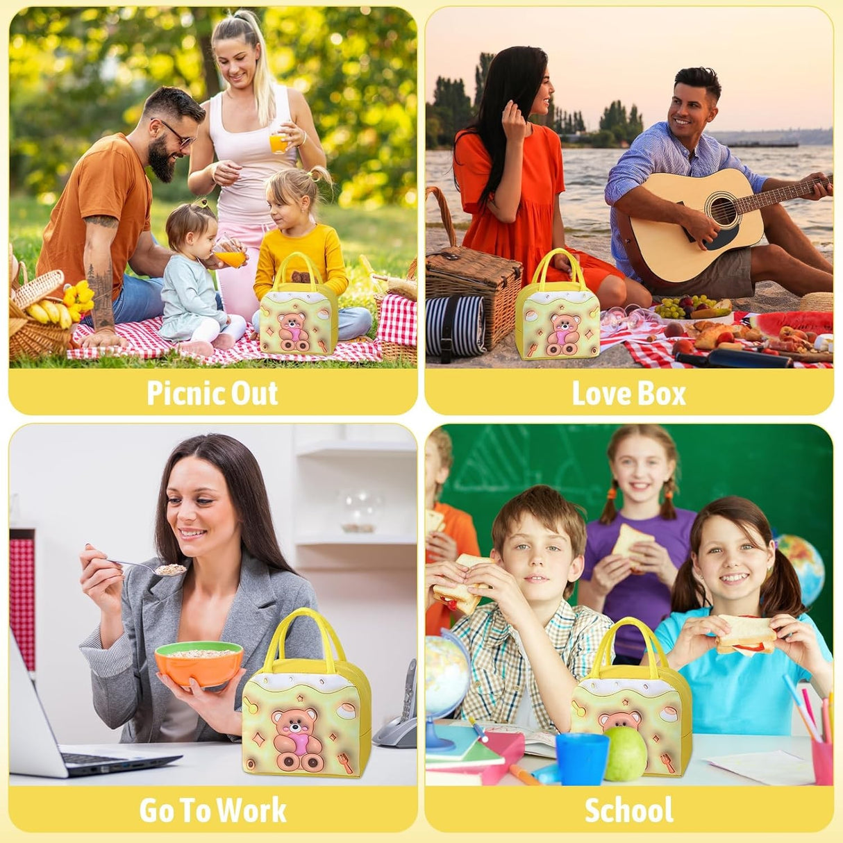 Geantă Frigorifică, Vivimall, cu Desene Animate 3D, Portabilă pentru Copii, de Prânz, din Pânză Oxford, 23x13x19 cm, Model Ursulet, Galben - vivimall.ro