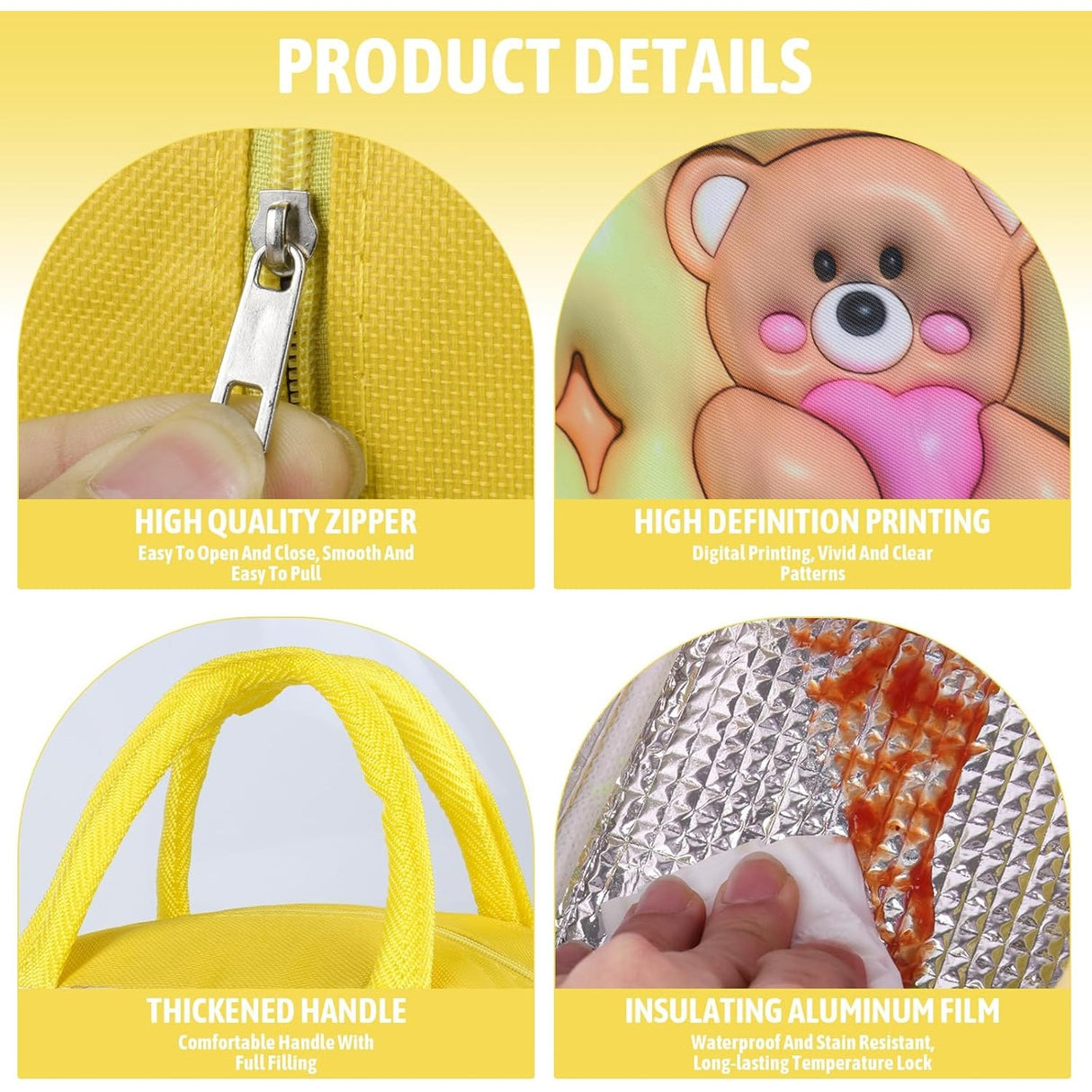 Geantă Frigorifică, Vivimall, cu Desene Animate 3D, Portabilă pentru Copii, de Prânz, din Pânză Oxford, 23x13x19 cm, Model Ursulet, Galben - vivimall.ro