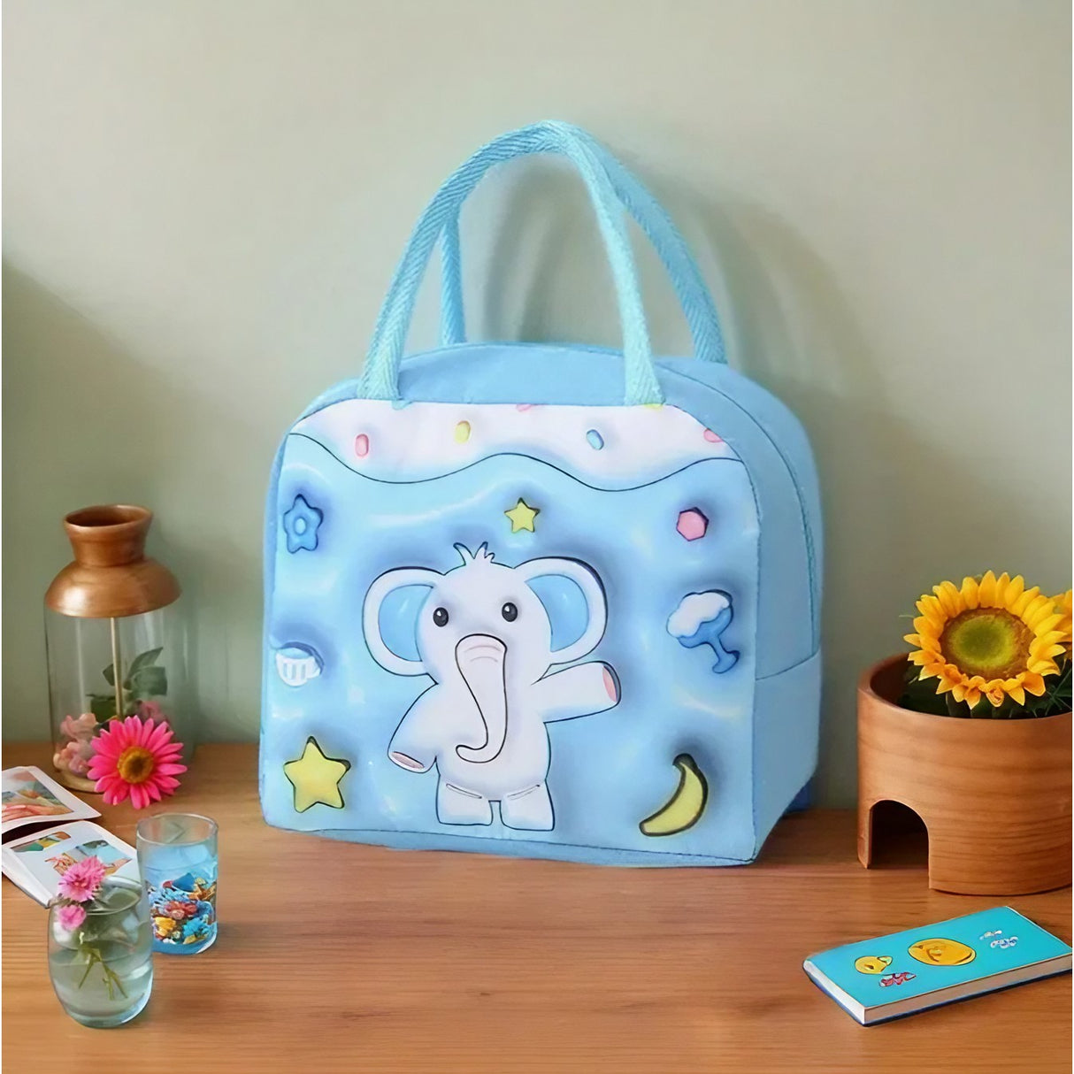 Geantă Frigorifică, Vivimall, cu Desene Animate 3D, Portabilă pentru Copii, de Prânz, din Pânză Oxford, 23x13x19 cm, Model Elefantel, Albastru - vivimall.ro