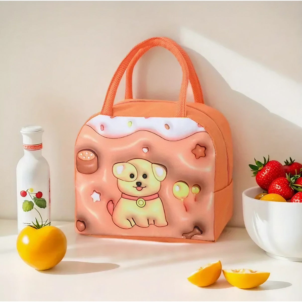 Geantă Frigorifică, Flippy, cu Desene Animate 3D, Portabilă pentru Copii, de Prânz, din Pânză Oxford, 23x13x19 cm, Model Catelus, Maro