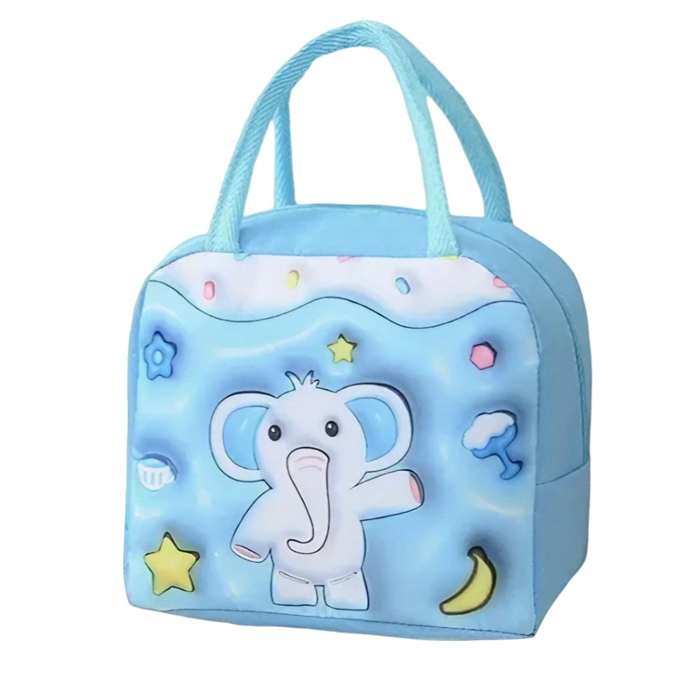 Geantă Frigorifică, Vivimall, cu Desene Animate 3D, Portabilă pentru Copii, de Prânz, din Pânză Oxford, 23x13x19 cm, Model Elefantel, Albastru - vivimall.ro