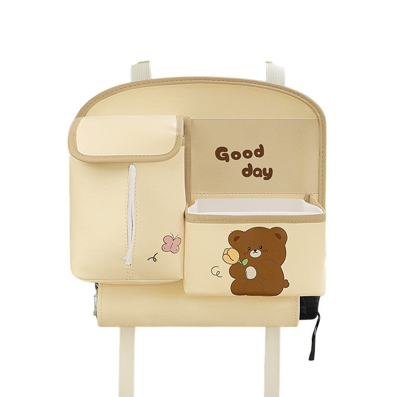 Geanta Multifunctionala de Depozitare, Vivimall, pentru Bancheta din Spate a Masinii, Animat, Model Ursuleti, Scris Good Day, Suport Servetele si Telefon, 25x31 cm, Bej - vivimall.ro