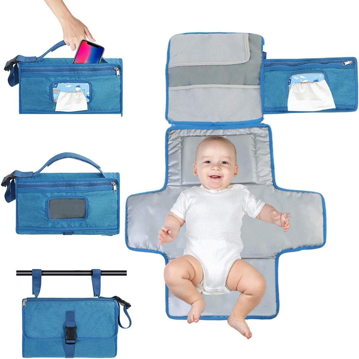 Geanta Multifunctionala, Vivimall, Tip Aleza de Schimbat Scutece, Impermeabila, din Panza Oxford, cu Buzunare, Usor de Agatat, 30 x 20 cm, Albastru