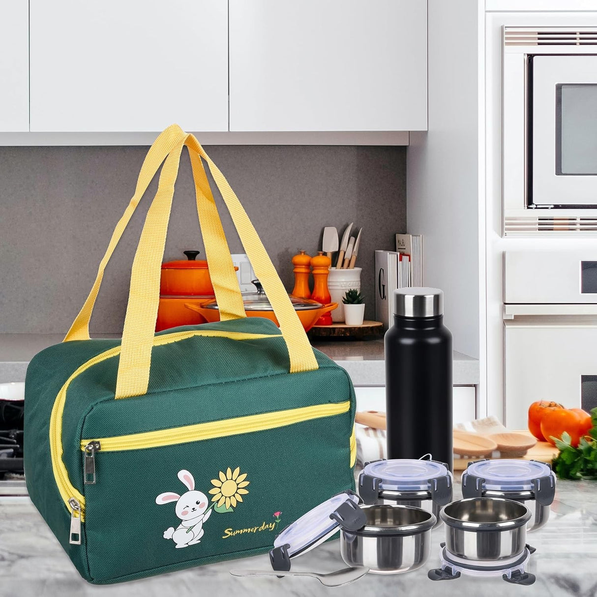 Geanta Termo-Izolanta, Flippy, Compartimente Telefon si Tacamuri, Multifunctionala, Impermeabila, 30x21x20 cm, Design Iepuras, Verde