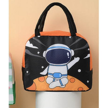 Geanta Termoizolanta Pentru Copii, 23X13X19 Cm, Model Imprimeu Astronaut, Din Folie De Aluminiu Si Panza Oxford, Negru/Portocaliu - vivimall.ro