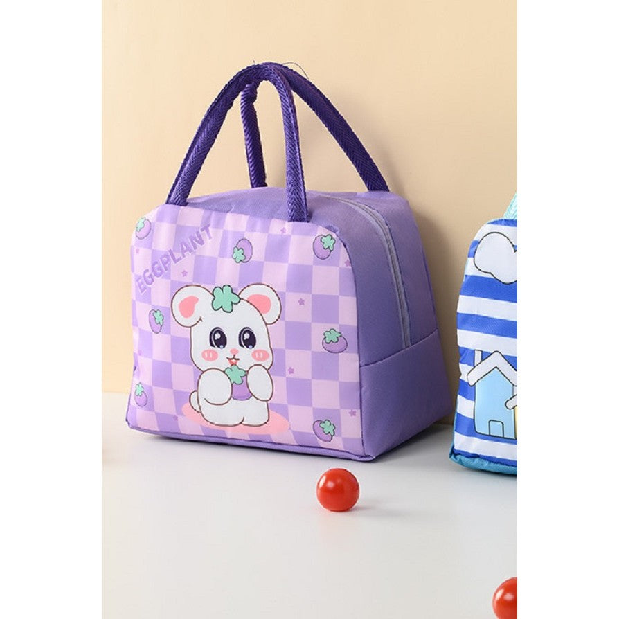 Geanta Termoizolanta pentru Copii, Vivimall, 23x13x19 cm, Model Imprimeu Iepuras, din Folie de Aluminiu si Panza Oxford, Mov - vivimall.ro