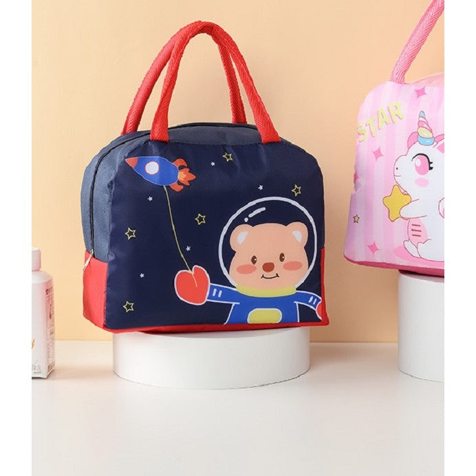 Geanta Termoizolanta pentru Copii, Vivimall, 23x13x19 cm, Model Imprimeu Ursulet Astronaut, din Folie de Aluminiu si Panza Oxford, Albastru/Rosu - vivimall.ro