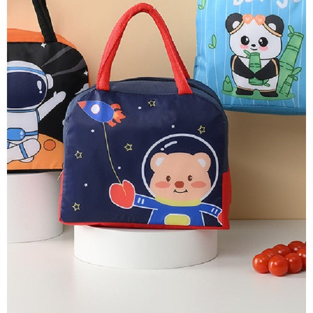 Geanta Termoizolanta pentru Copii, Vivimall, 23x13x19 cm, Model Imprimeu Ursulet Astronaut, din Folie de Aluminiu si Panza Oxford, Albastru/Rosu - vivimall.ro