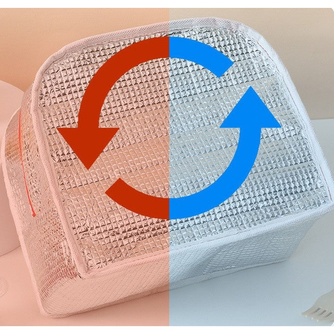 Geanta Termoizolanta pentru Copii, Vivimall, 23x13x19 cm, Model Imprimeu Vacuta, din Folie de Aluminiu si Panza Oxford, Bej - vivimall.ro