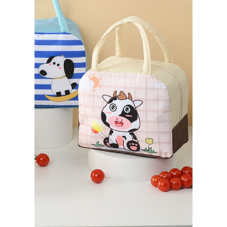 Geanta Termoizolanta pentru Copii, Vivimall, 23x13x19 cm, Model Imprimeu Vacuta, din Folie de Aluminiu si Panza Oxford, Bej - vivimall.ro