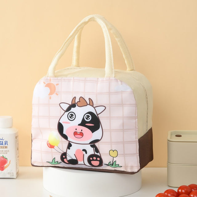 Geanta Termoizolanta Pentru Copii, 23X13X19 Cm, Model Imprimeu Vacuta, Din Folie De Aluminiu Si Panza Oxford, Bej - vivimall.ro