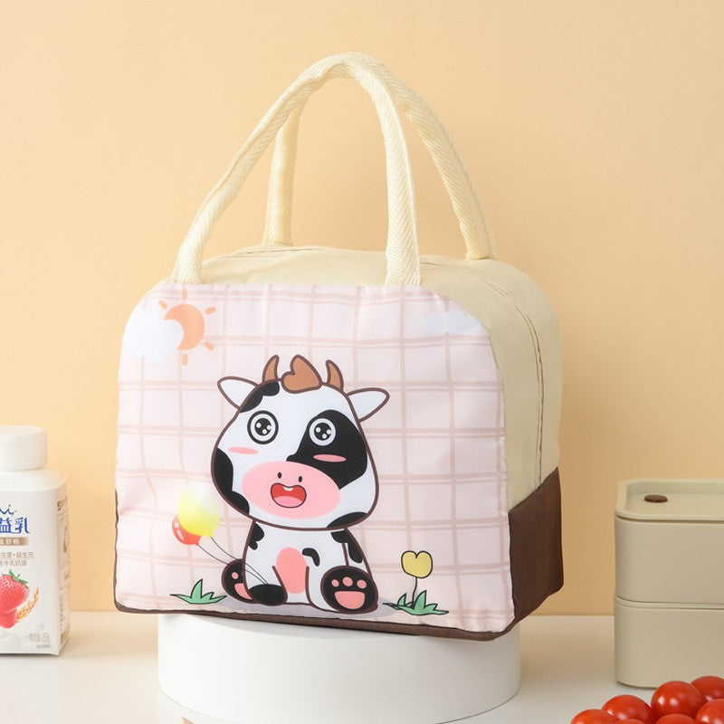 Geanta Termoizolanta pentru Copii, Vivimall, 23x13x19 cm, Model Imprimeu Vacuta, din Folie de Aluminiu si Panza Oxford, Bej - vivimall.ro