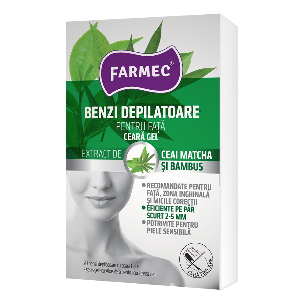 Benzi depilatoare față Farmec 8380 cu aloe vera, ceai matcha și bambus, pachet 20 bucăți, vedere frontală