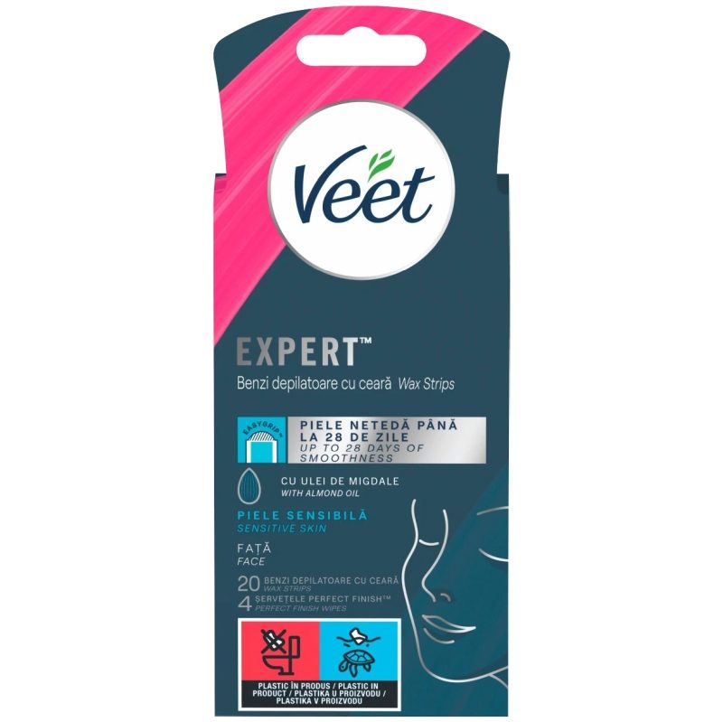 Benzi depilatoare față Veet Easy 20 bucăți pentru piele sensibilă, vedere frontală ambalaj albastru