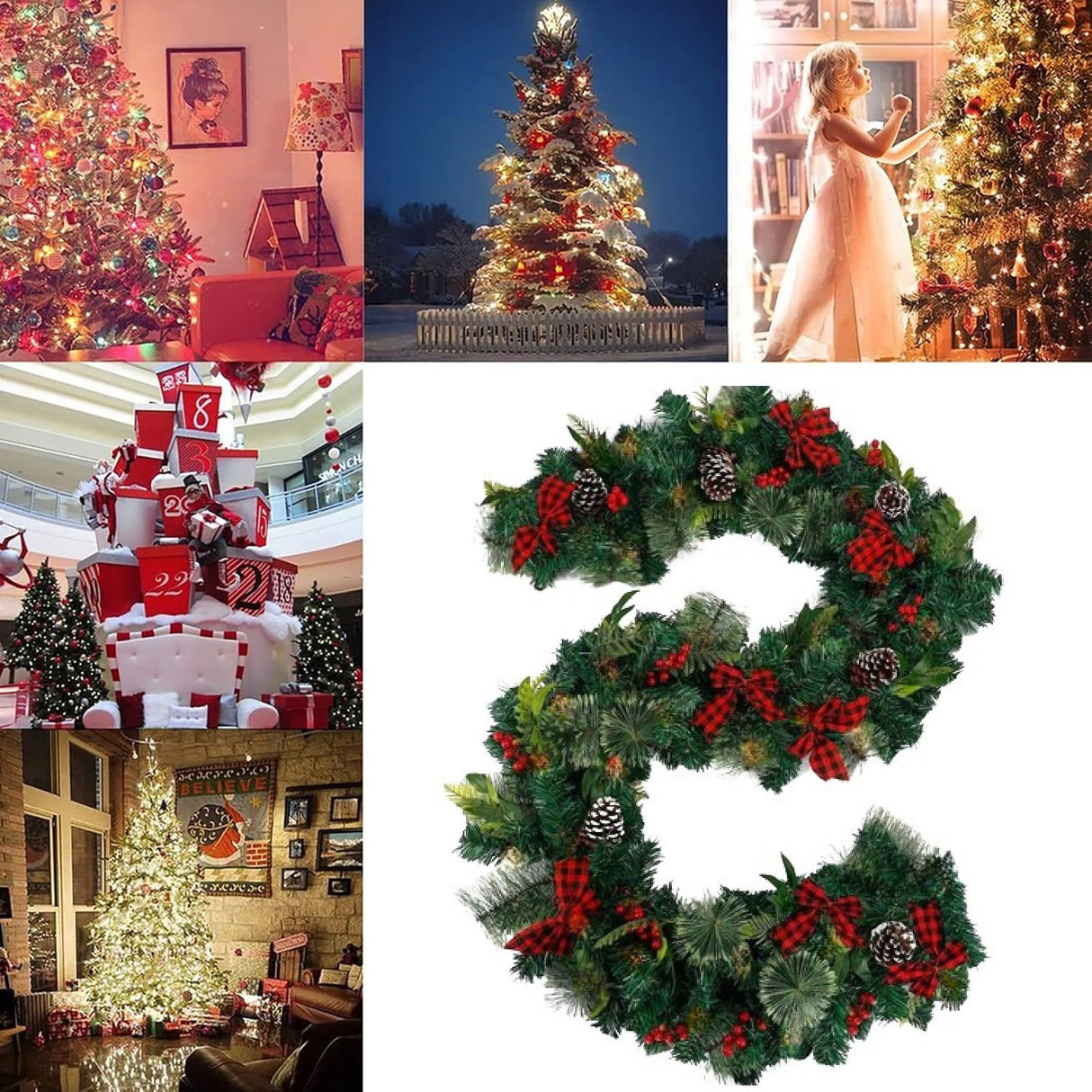 Ghirlanda decorativa Craciun cu funde rosii si conuri de brad, Flippy, 2,70 m, Verde