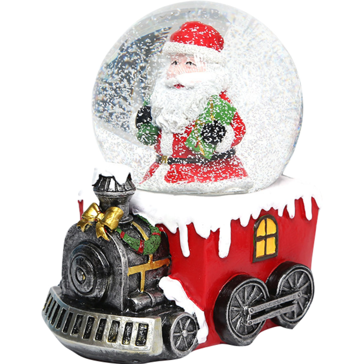 Decoratiune muzicala glob cu zapada, Mos Craciun pe tren, 10x13 cm, multicolor