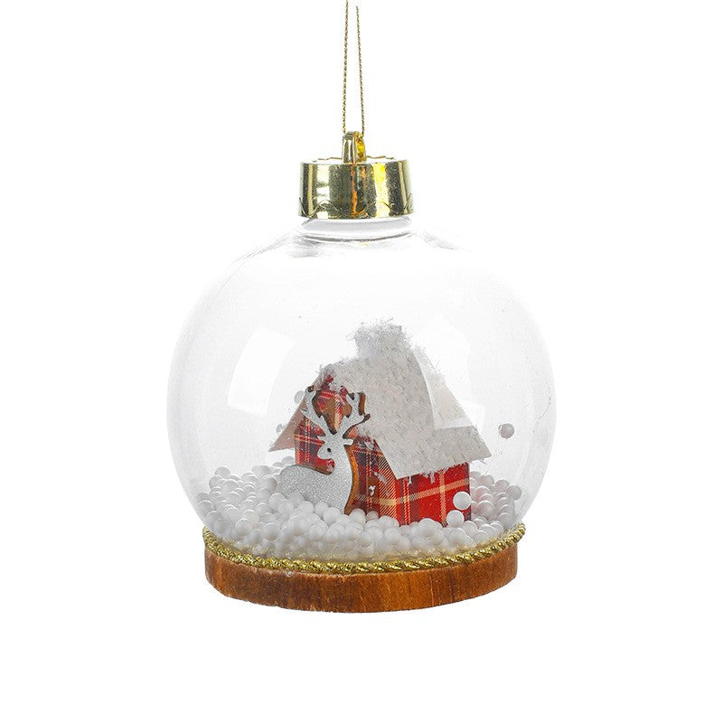 Glob de Crăciun LED transparent cu figurină căsuță și ren iluminat, diametru 10 cm, vedere frontală