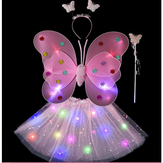 Costum Fluturas Cu Aripi Modelabile Luminoase Pentru Copii, Fusta Din Tul Cu Lumini, Bagheta Si Bentita, 4 Piese, Pentru Halloween, Roleplay, Craciun, Carnaval, Paste, Ziua Copilului, Bumbac/Poliester, Marime Universala - vivimall.ro
