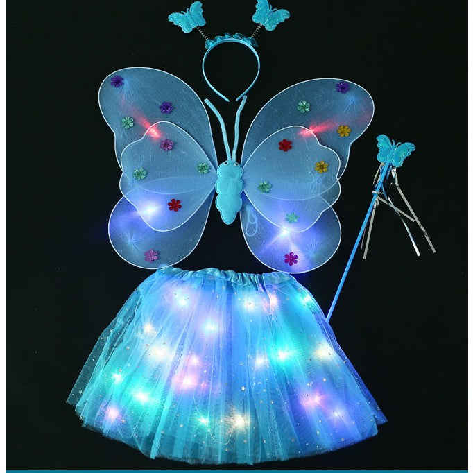 Costum Fluturas Cu Aripi Modelabile Luminoase Pentru Copii, Fusta Din Tul Cu Lumini, Bagheta Si Bentita, 4 Piese, Pentru Halloween, Roleplay, Craciun, Carnaval, Paste, Ziua Copilului, Bumbac/Poliester, Marime Universala - vivimall.ro