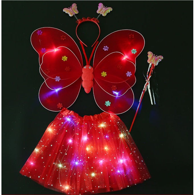 Costum Fluturas Cu Aripi Modelabile Luminoase Pentru Copii, Fusta Din Tul Cu Lumini, Bagheta Si Bentita, 4 Piese, Pentru Halloween, Roleplay, Craciun, Carnaval, Paste, Ziua Copilului, Bumbac/Poliester, Marime Universala - vivimall.ro